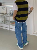 Stripe round neck knit vest 2C