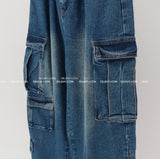 [UNISEX] シルバーカーゴバックバンドデニムワイドパンツ