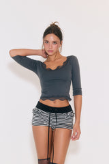 Sweetie Lace Trim 3/4 Sleeve Tee (Charcoal)