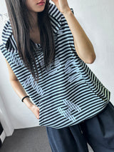 Swan Stripe Letter Patch Hooded Sleeveless Top 3color