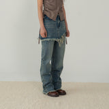 スタッドデニムスカートレイヤードパンツ（ブルー）