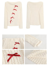 Red bow off-shoulder long-sleeved knitwear
