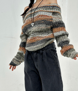 SNOWFLAKE COLOR-BLOCK BROWN OFF-SHOULDER LONG-SLEEVE KNIT