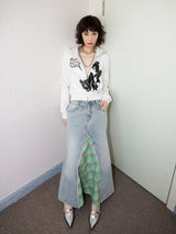 Denim patchwork checked fishtail skirt