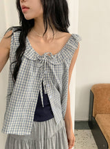 Baso Check Frill Seersucker Boat-Neck Blouse