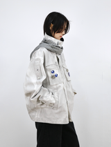 RELABEL (Huanjin) バイオレットアンドホワイトスモークウォッシュドビンテージスタイルチェッカードフーデッドワークジャケット