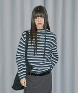 Stripe Turtleneck Balloonfit Hood Knit - NAVY