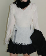 ラバーVネックダメージカットポイント長袖ニット (wool material)