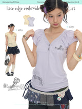 BETWEENANDxOliwa Summer Gentle Notes Key Lace Embroidered Modal Bud Short-Sleeve T-Shirt