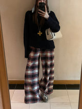 Cotton Check Casual Wide Pants