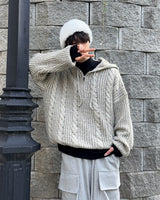 Noel Knit Hoodie Half Zip Up (Beige)