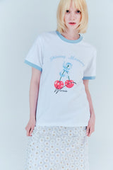 チェリーリンガーTシャツ_ホワイト/ペールブルー