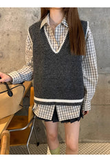French checkered pocket loose fit long-sleeved shirt