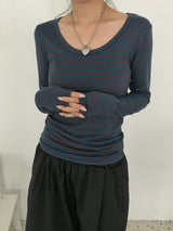 ウィッシュストライプ UネックロングスリーブTシャツ(6c)