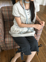 Hanami Lace U-neck Button Short Sleeve Tee