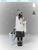 BETWEENAND "Rice White Melody" Winter Tie-Patterned Star Polka Dot Long Sleeve Multi-Layer White Dress