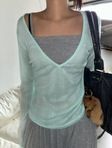 City Girl Sheer Deep V-Neck Knit Top 8color