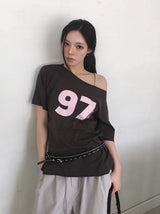 Tekin Lettering Off-Shoulder Overfit Short Sleeve T-Shirt