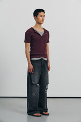 High ribbed henley neck half sleeves(Burgundy)