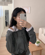Round collar striped frill T-shirt