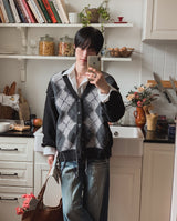 Harvers Argyle Color Matching Knit Cardigan
