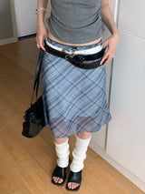 blue checkered chiffon flare midi skirt