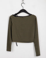 Seble one-ショルダーアンバランスストラップストライプロングスリーブTシャツ