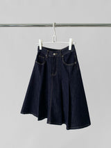 Dark blue raw cotton flared pleats midi skirt