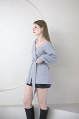 Offshoulder Wrap Strap Cardigan Gray