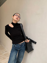 Hollow Shoulder Slit Point Long Sleeve T-Shirt