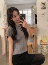 #ヘアリーアンゴラカラーハーフボタン半袖ニット (4color)