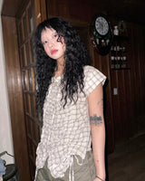 (2color) Ruffle Shirring Check Cap Blouse
