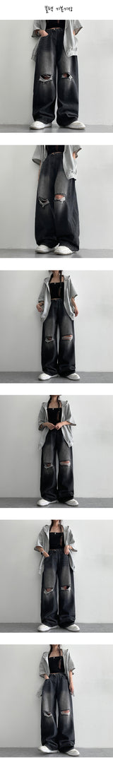 [S~XL] Bendil サイドピンタックニーズカッティングデニムワイドパンツ