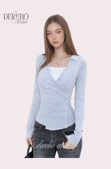 グレー Vストライプ ラップ ロングスリーブ Tシャツ