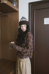 wool cotton shirring checkered long-sleeved shirt