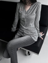 rika shirring V-neck printing T