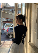 Back White Bow Long Sleeve Knit T-shirt