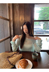Mint off-shoulder lace long-sleeved see-through knitwear