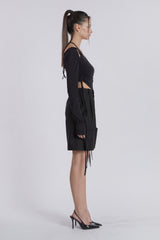 HALTER NECK SHIRRING TOP(BLACK)
