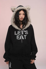 eat me plz* カシーキャットイヤーフリースフーディフォアオータムウィンターウォームジャケット