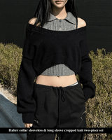 Halter collar sleeveless & long sleeve cropped knit two-piece set (2 colors)