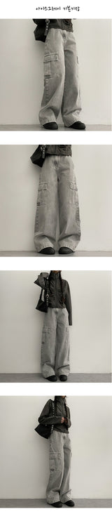 [Short, Basic/S-3XL] Cropped Banded Waist Wide Cargo Denim Pants