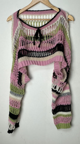 BOW LOOSE-FIT LAYERED NET SOFT CROPPED COLOR-BLOCK KNIT - 2 COLOR