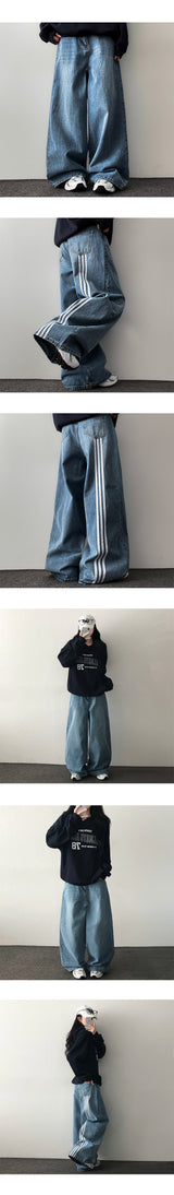 Port 3 trackline washed denim wide pants