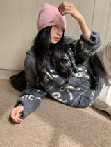 Bow Wide Hooded Knitwear Zip-Up Cardigan