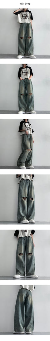 [S~XL] Bendil サイドピンタックニーズカッティングデニムワイドパンツ