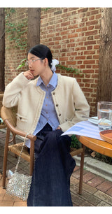No Collar Round Tweed Loose Fit Jacket