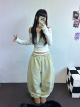 フリース/ストリング❤ベーシックルーズワイドロングパンツ 💜💙💚🤍4カラー