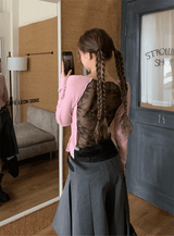 Back see-through lace long-sleeved T-shirt