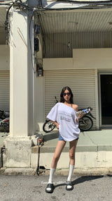 Barcode unbuttoned shoulder loose fit tee